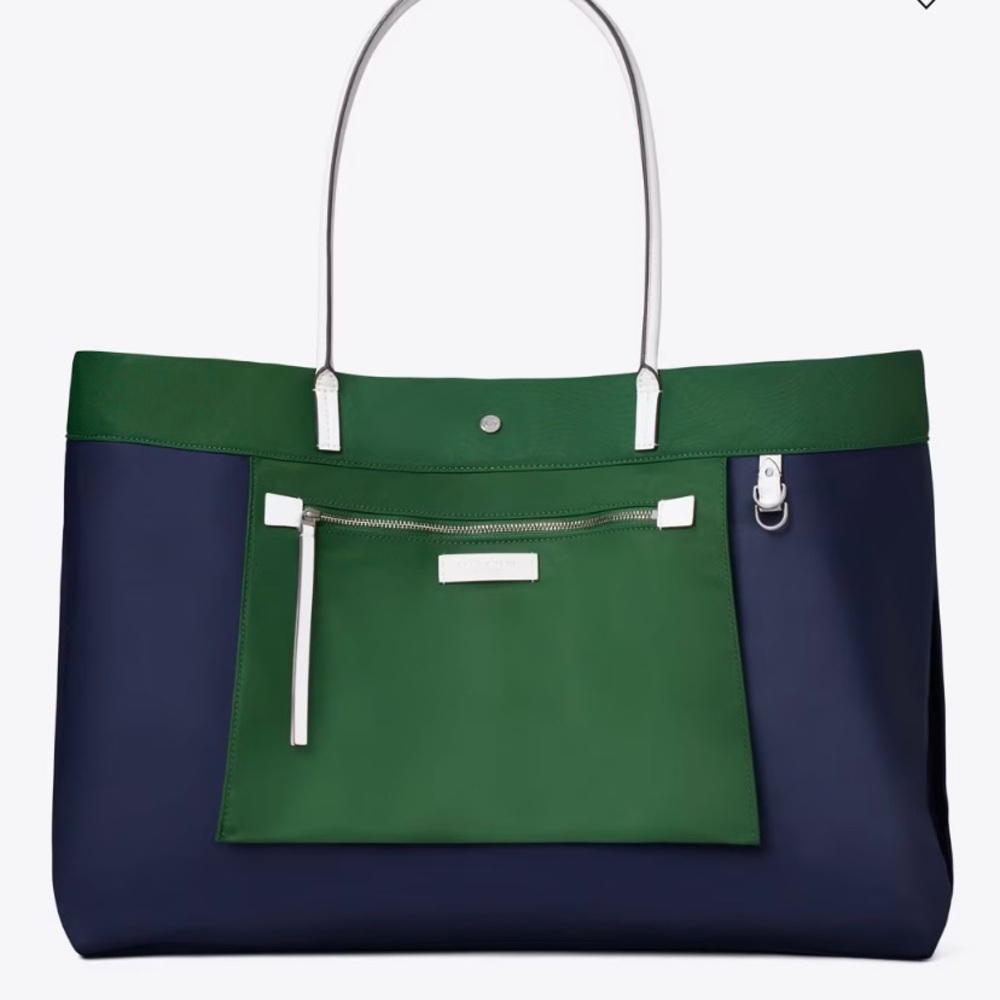 Navy and Green Two-Tone Tote Bag with Front Pocket